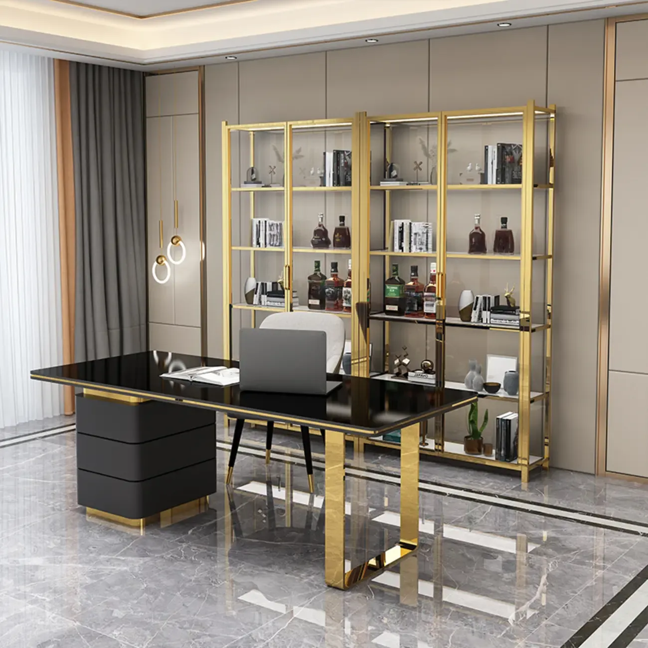 Freestanding Gold Glass Display Cabinet with LED Lights