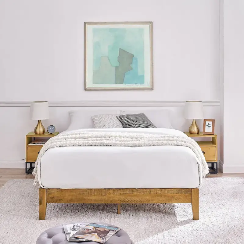 Natural Wood Mid-Century Platform Bed Frame – Full / Queen / King