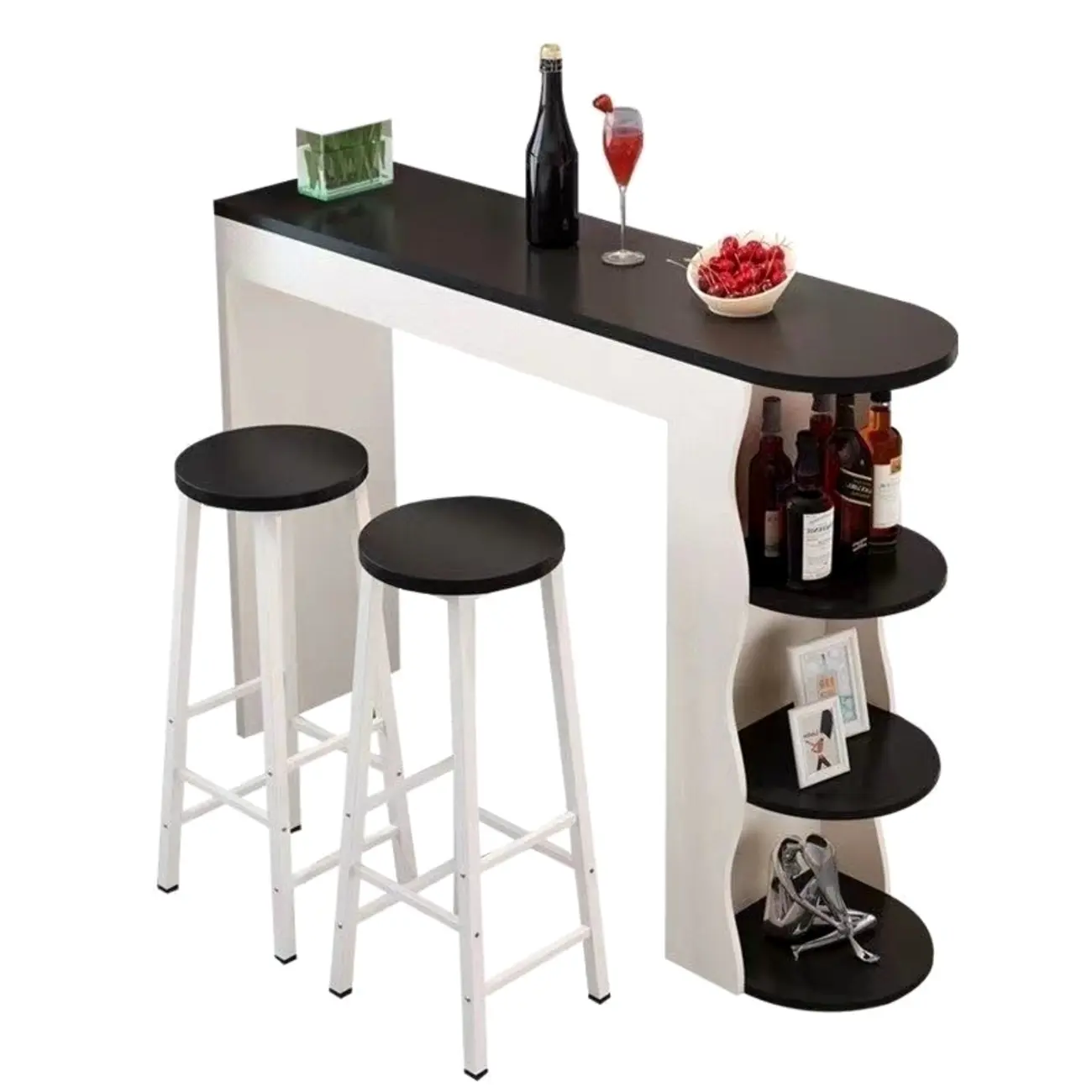 Modern Black-White Wooden Asymmetrical Shelves Bar Tables