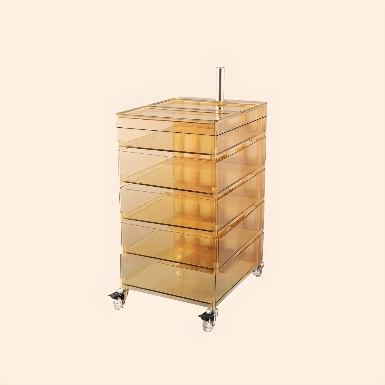 Vibrant Yellow Transparent Nightstand with Drawers and Wheels