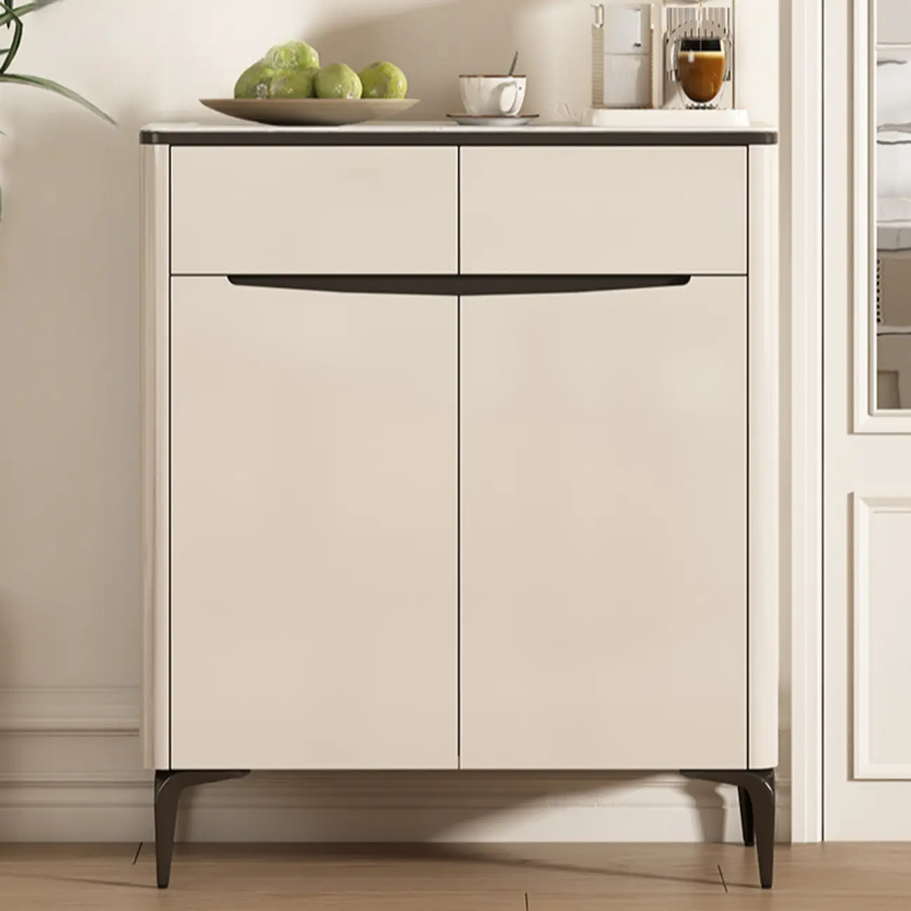 Khaki Wood Entryway Shoe Cabinet Marble Top