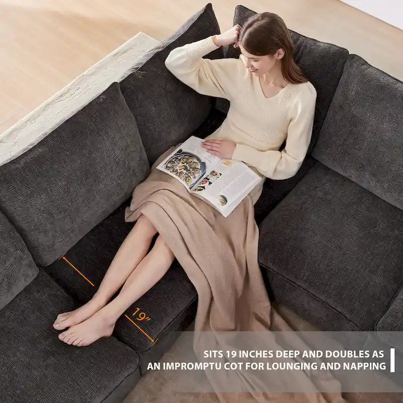 U Shape Modular Sofa, 6 Seat Chenille Deep Seat Sectional Couch