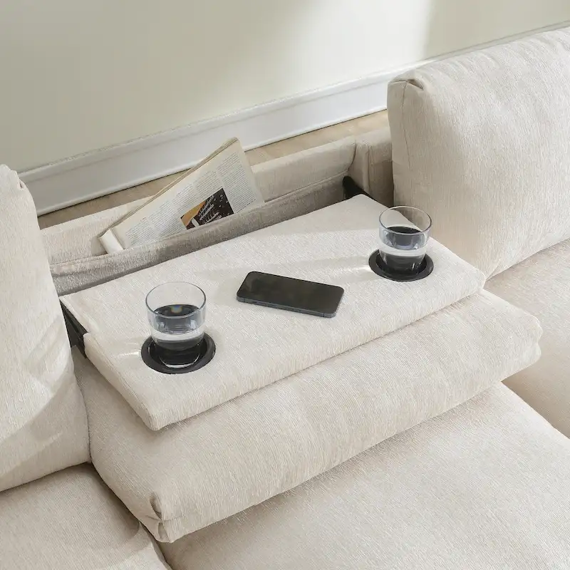 96 Chenille Smart Sectional Sofa with Bluetooth Speaker, Drop-Down Table & USB Charger and 3-Seater Cloud Couch