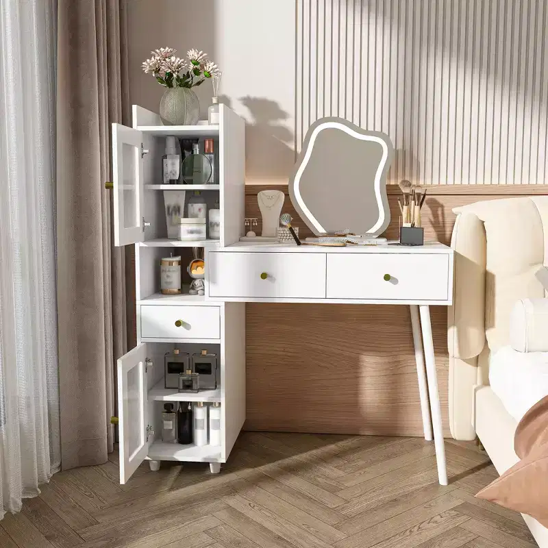 Okak Modern Vanity Desk with Irregular Shape Mirror, Makeup Vanity with 3 Drawers, 2 Open Shelves & 4 Hidden Cabinets, Makeup Desk, White