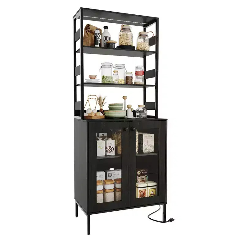 Acekool 66.9 Kitchen Bakers Rack with Power Outlet, Pantry Storage Cabinet with LED Lights, Glass Door Bar Cart for Dining Room, Living Room