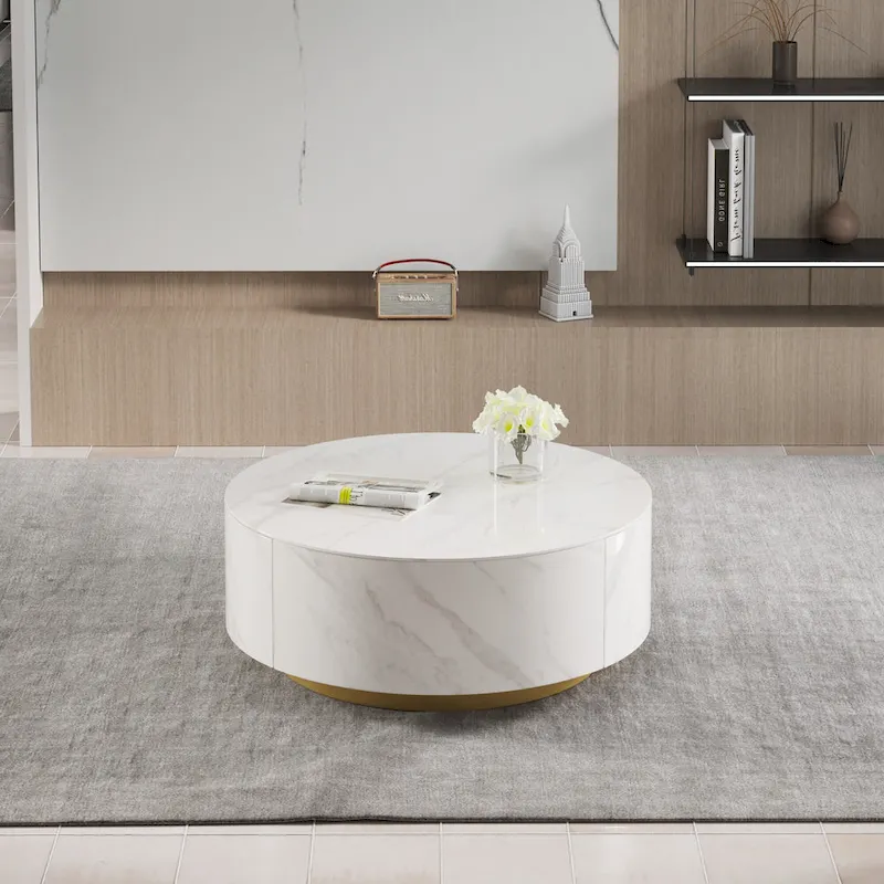Modern Round Coffee Table, White Sintered Stone Tabletop with 2 Drawers