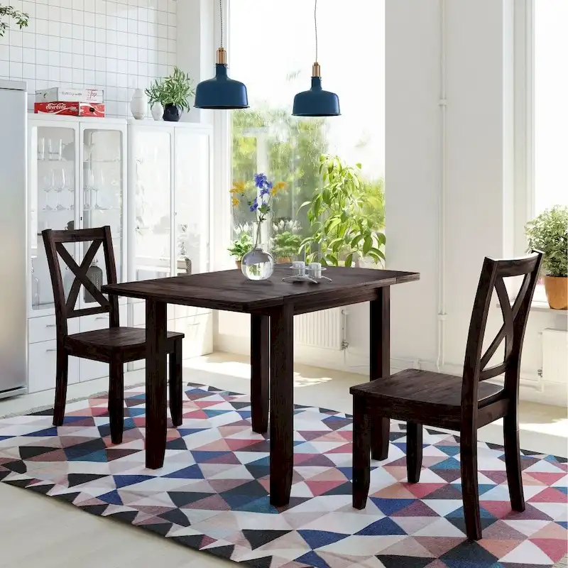 Dining Set 3-Piece Drop Leaf Table 2 Chairs Rubberwood MDF Space-Saving Brown 47.3