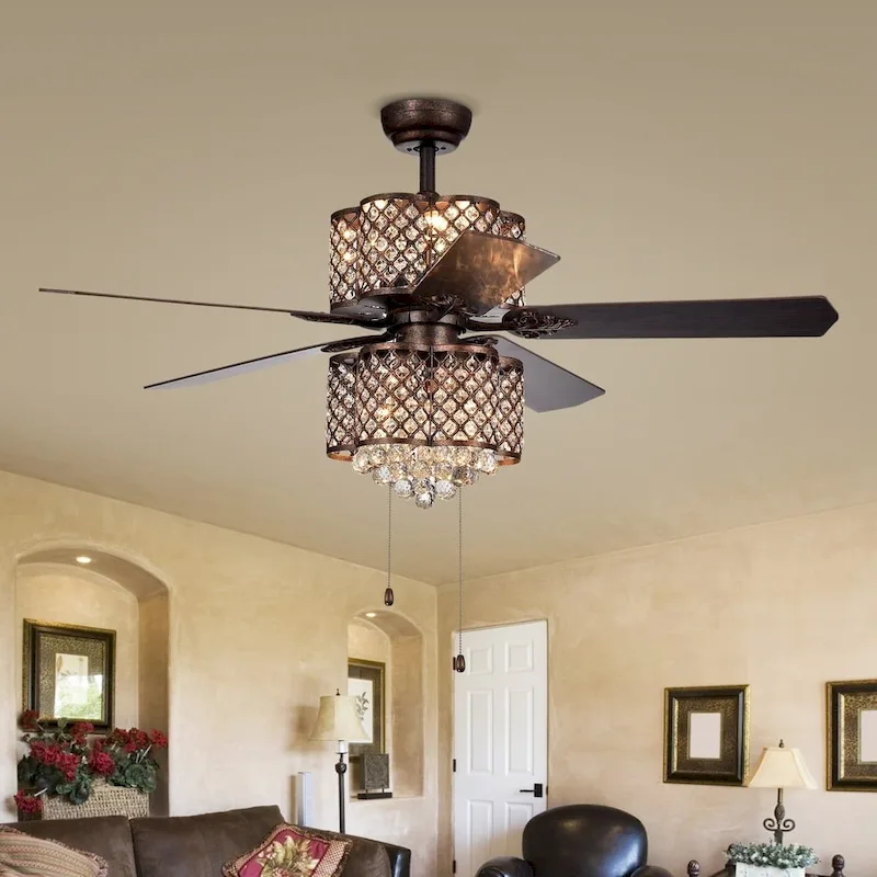 Quincy Crystal/Rustic Bronze Reversible Blade 6-light Ceiling Fan