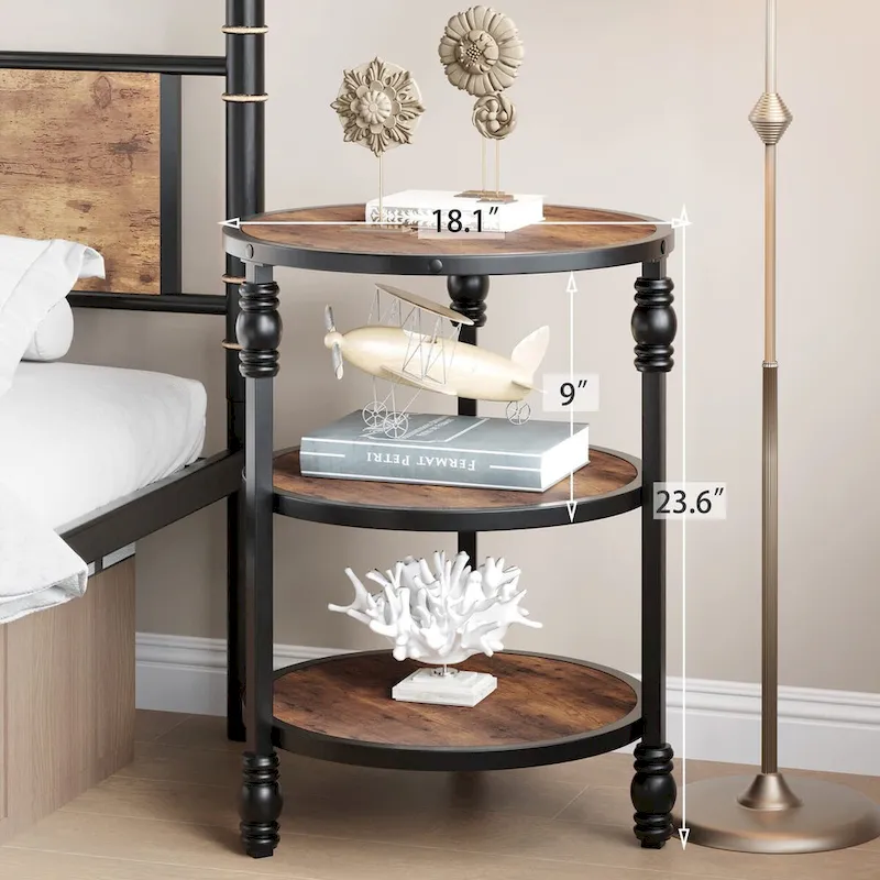 3-Tier Round Side Table with Wood Grain Finish