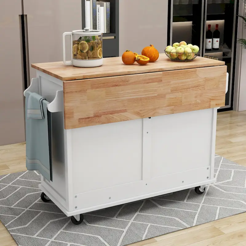 Kitchen Cart With Rubber Wood Drop-Leaf Countertop(no include stool)