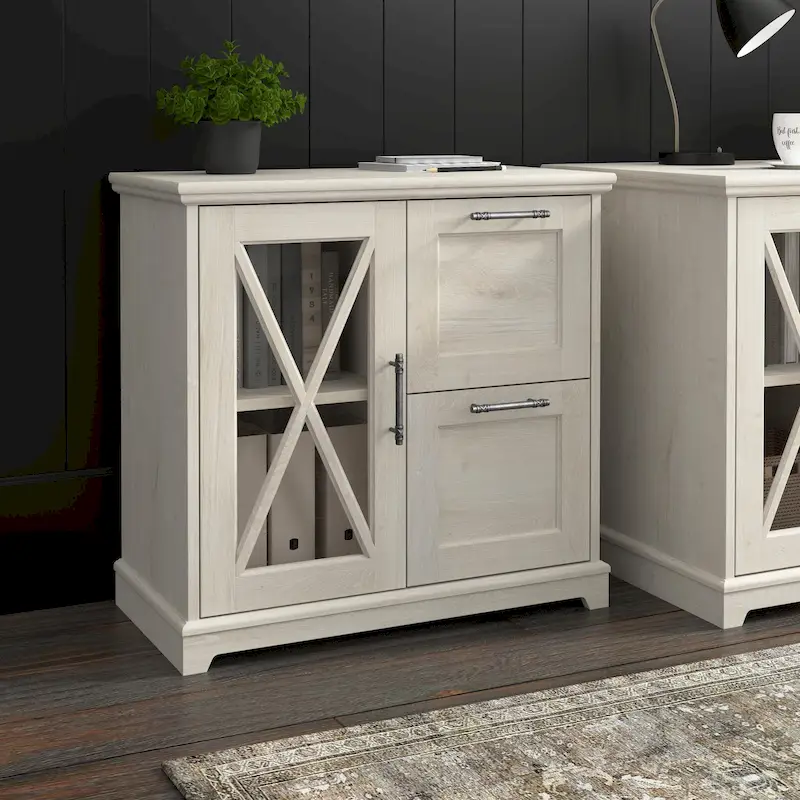 Linen White Oak 2-Drawer Lateral File Cabinet with Shelf – Farmhouse Style