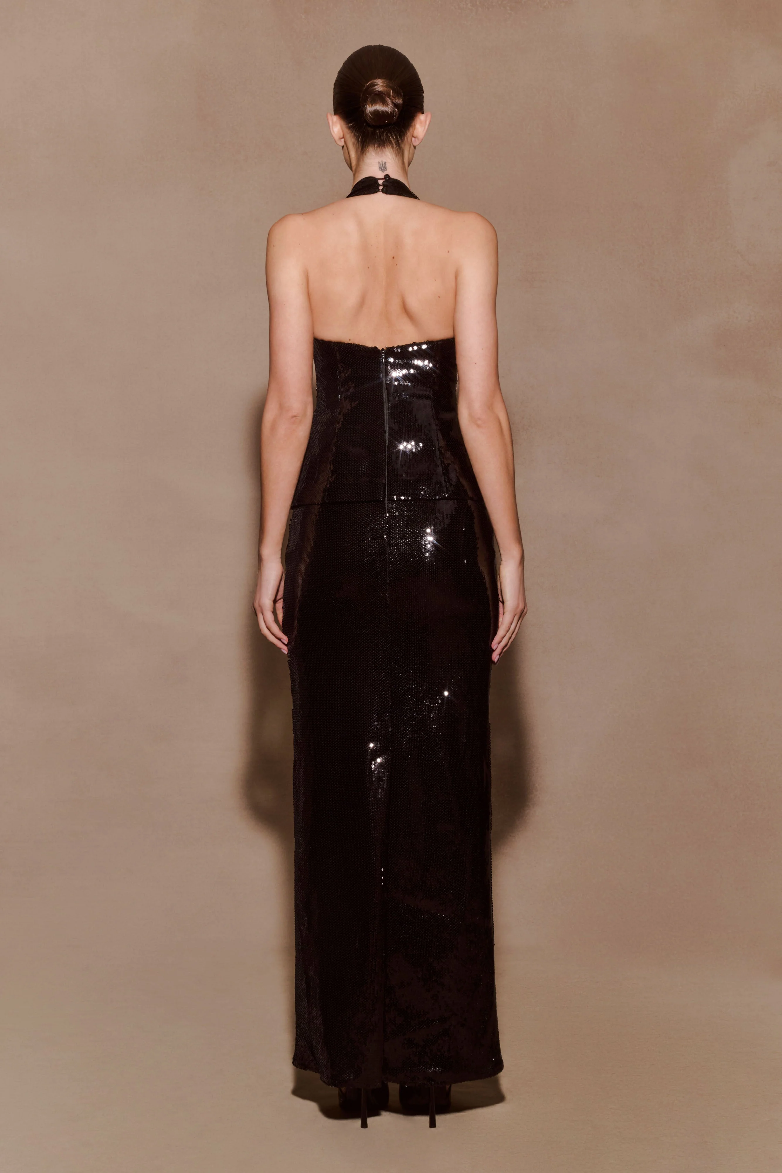Bertie Sequin Peplum Halter Maxi Dress - Black