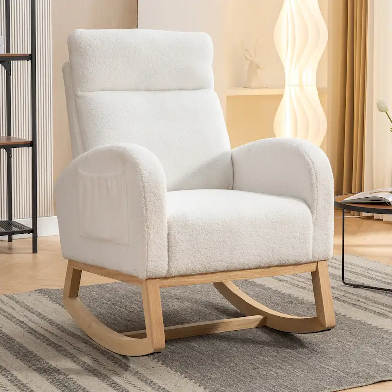 Ivory Teddy Fabric Rocking Chair with Side Pocket, Single Seat