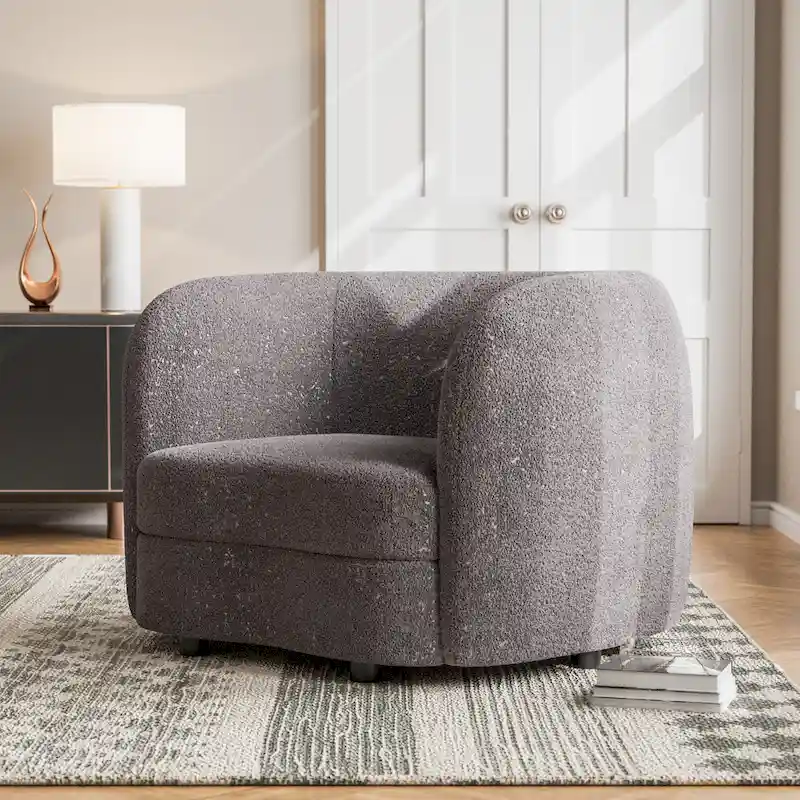 Ophelia Modern Curved Arms Boucle Accent Chair with Kidney Style Seat and Round Wooden Legs