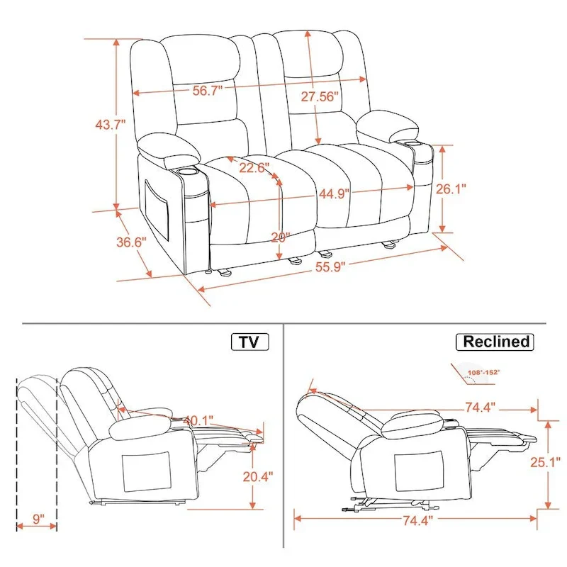 MCombo Power Reclining Loveseat Sofa with Heat and Massage, Fabric PR648