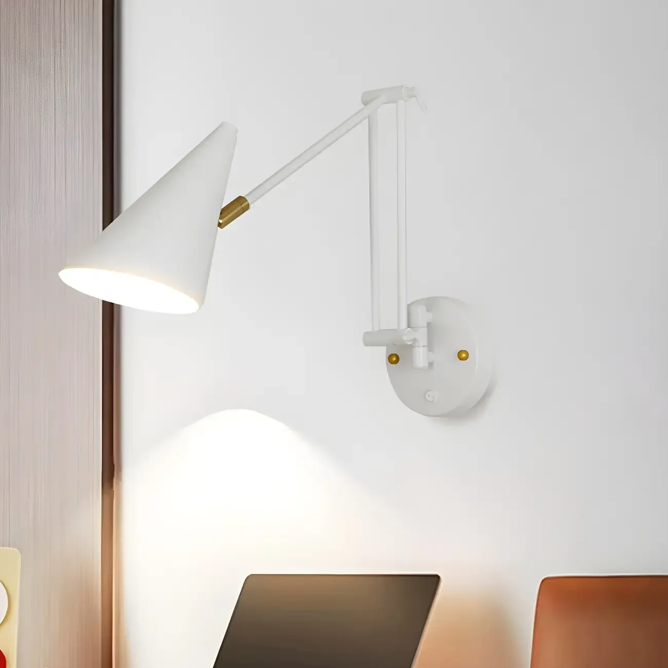 Minimalist White Swing Arm Wall Light for Bedside Reading