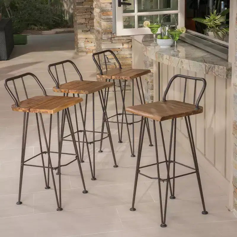 GDFStudio Dione Outdoor Acacia Wood and Iron 30 Inch Barstools (Set of 4), Brown
