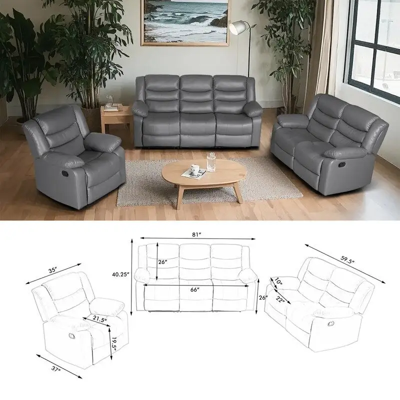 Faux Leather Manual Reclining Living Room Sofa with Dropdown Table and Console