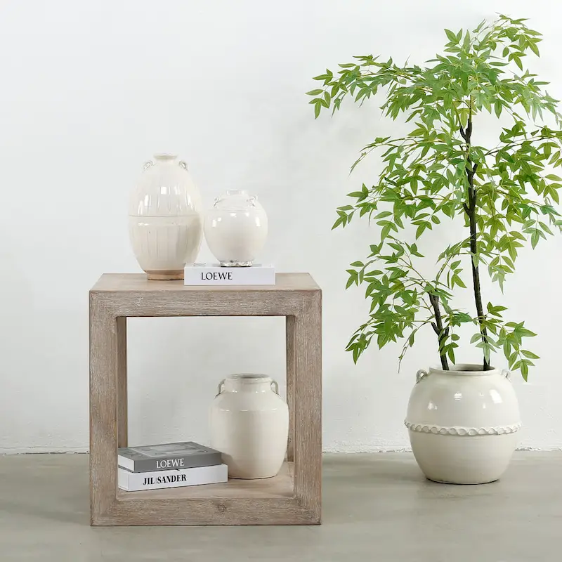 Peking Grand Framed Square Side Table, 22 Inch Tall, Weathered White Wash Finish