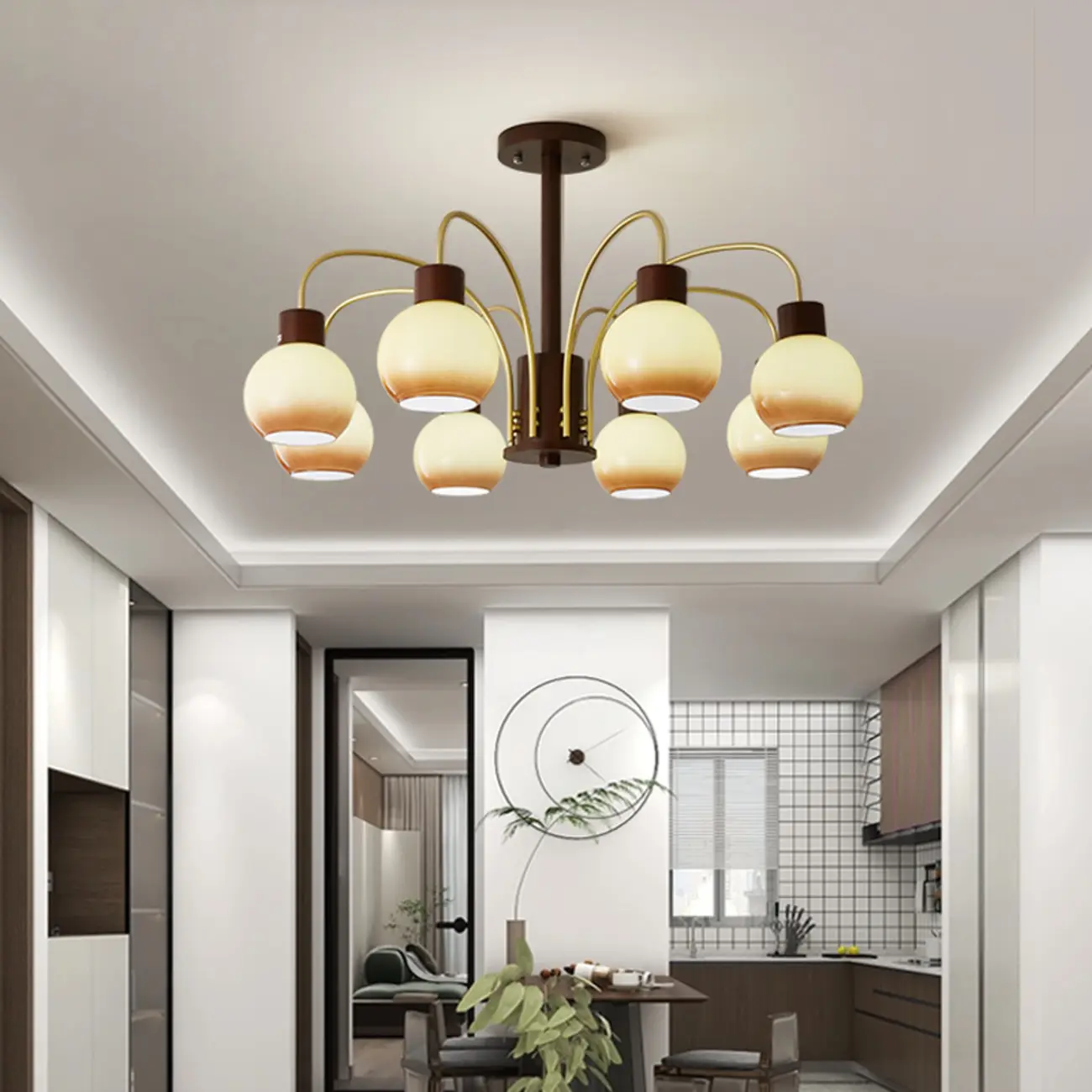 Classic Gold Metal Amber Glass Dome Chandelier