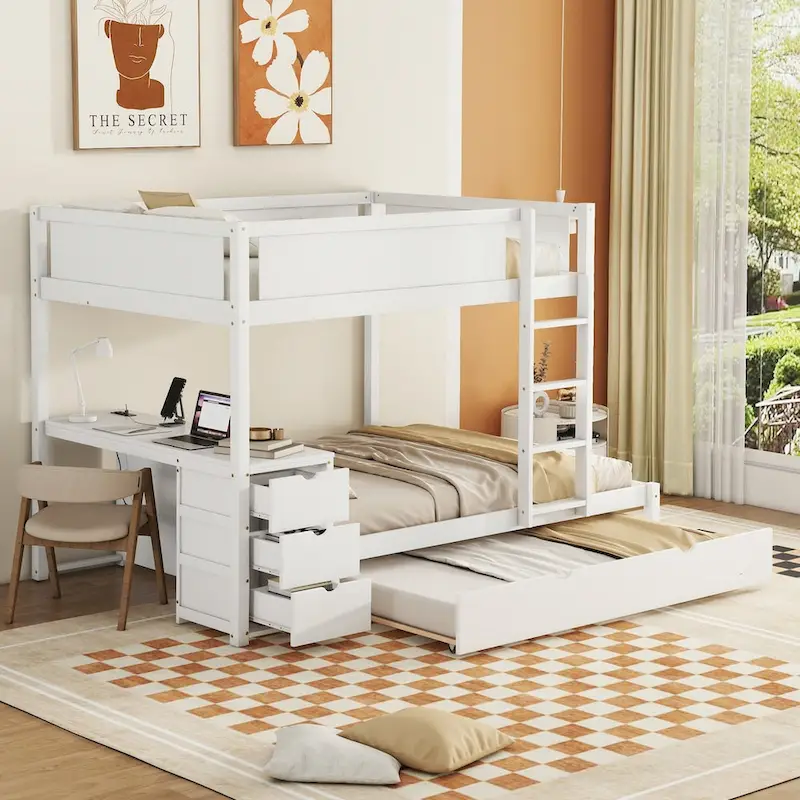 White & Walnut / White Full-Over-Full Bunk Bed with Trundle, Desk & Storage, Sleeps 3