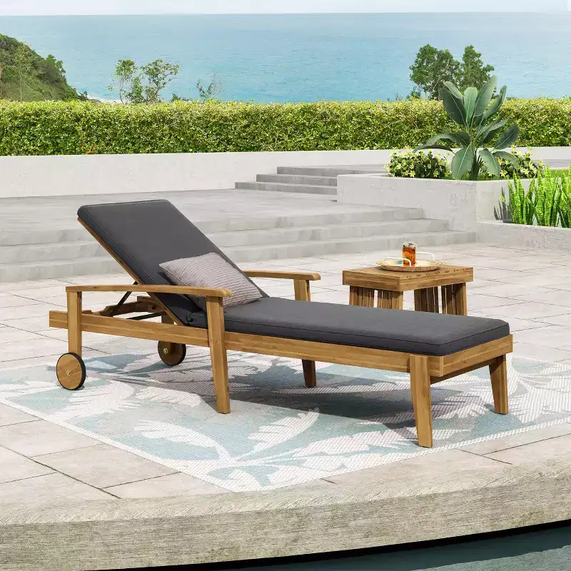 Acacia Wood Chaise Lounge with Cushion, 5-Position Reclining Patio Lounger
