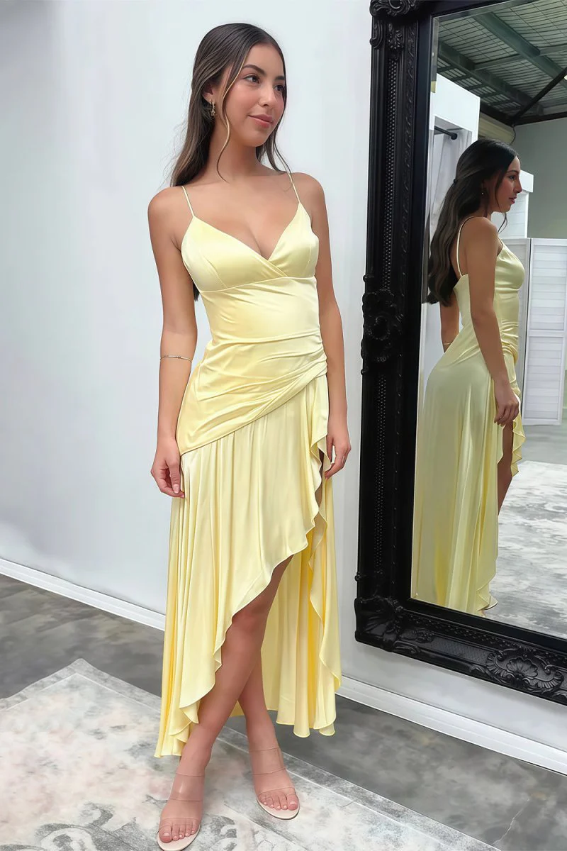 Yellow - Spaghetti Straps Sheath Satin High Low Prom Dresses With Ruffles