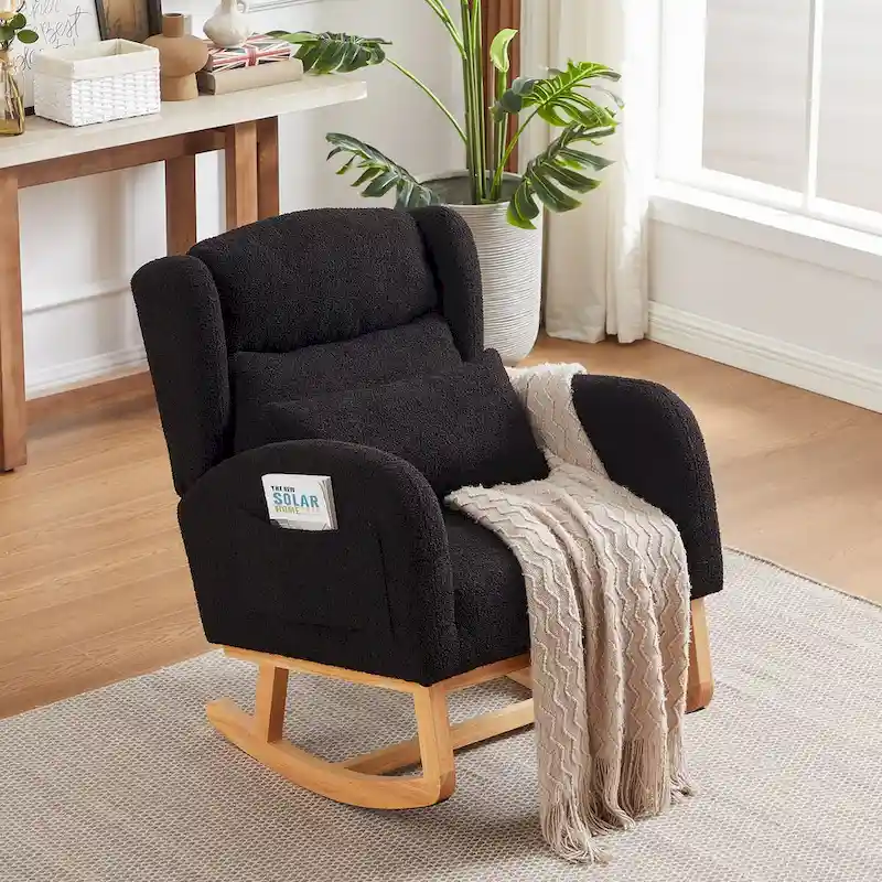 Modern Accent High Backrest Living Room Lounge Arm Rocking Chair, Two Side Pocket