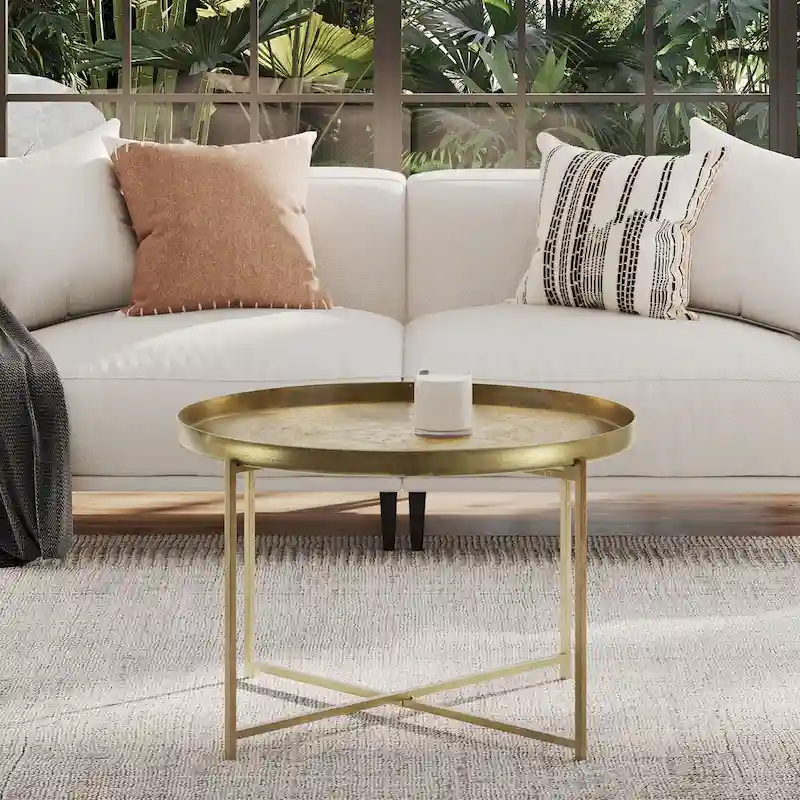 Antique Brass-Finish Decorative Side Table with Etched Floral Tray Top
