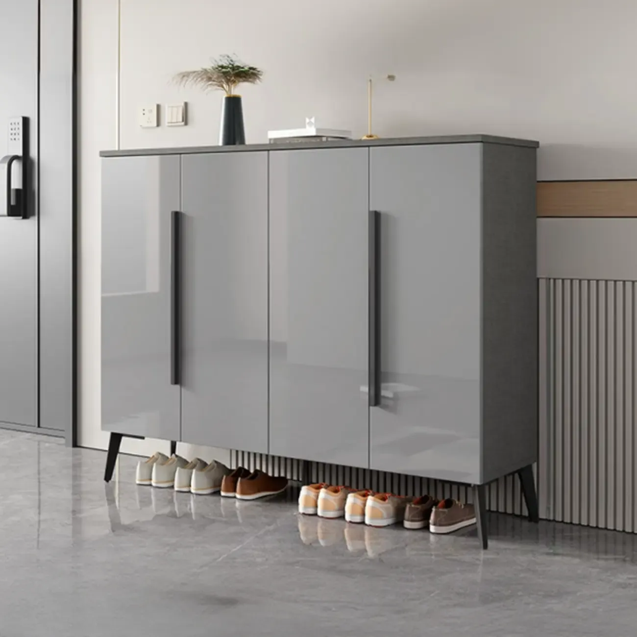 Trendy Gray-White Wooden Shoe Cabinet with Display Top