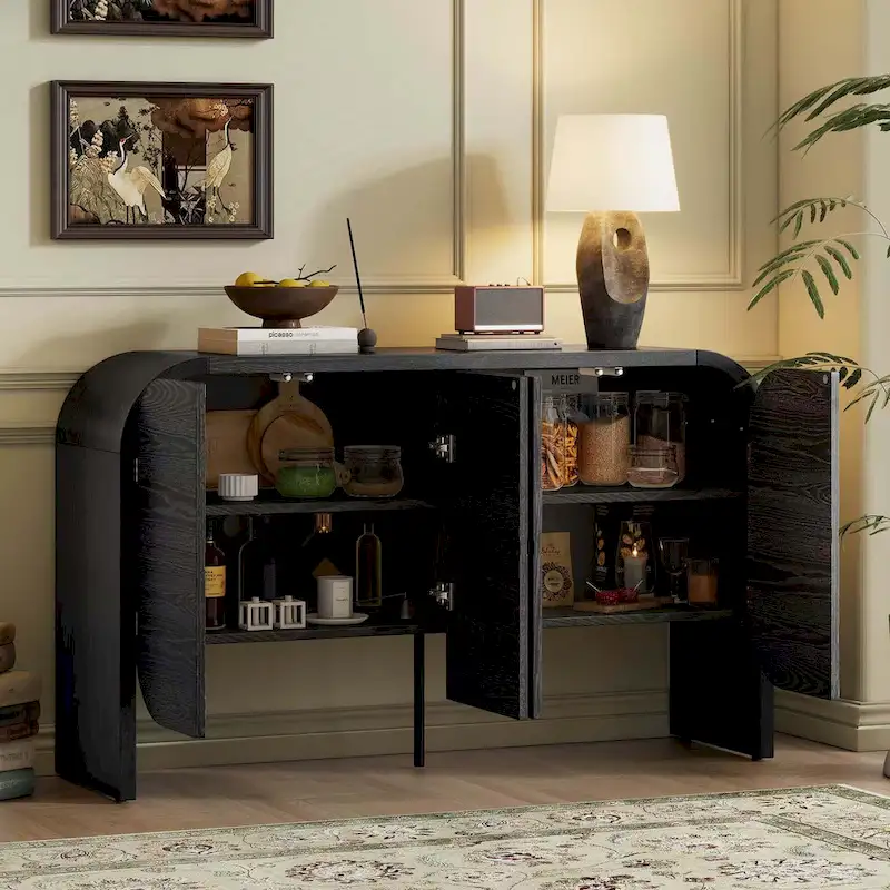 Wooden Sideboard Buffet Cabinet with Curvy Edge & Adjustable Shelves
