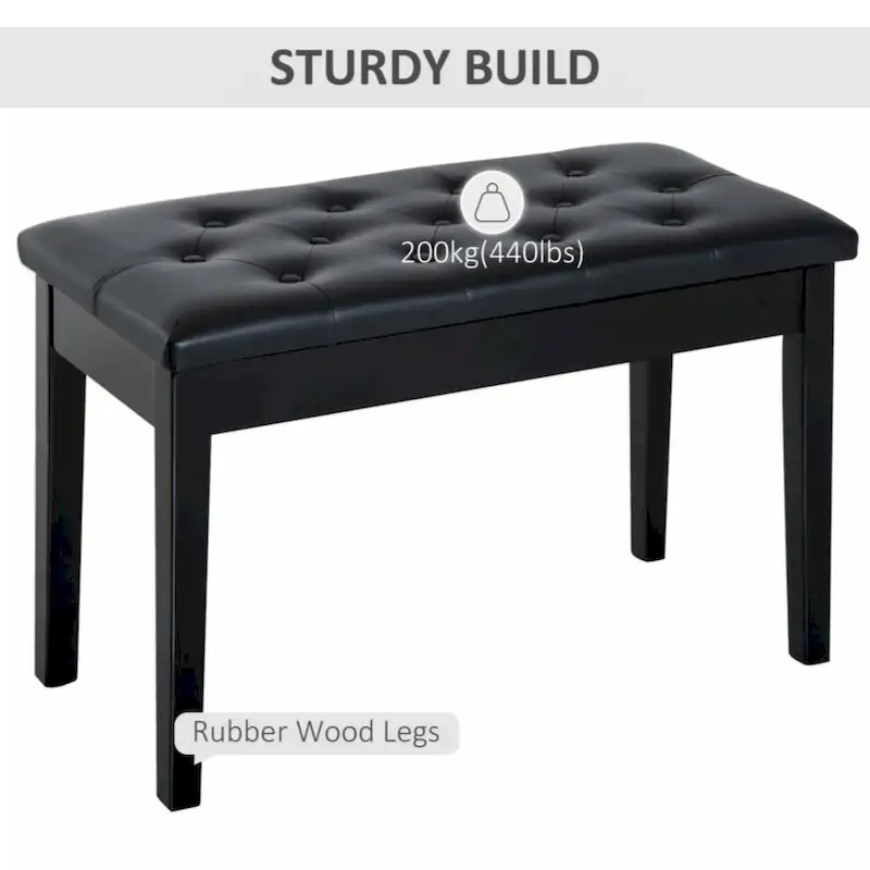 Duet Piano Chair with Faux Leather Padded Cushion and Wooden Frame, Button Tufted Keyboard Bench, Black