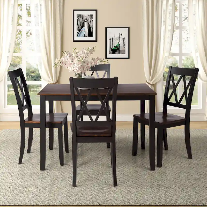 Black 5-Piece Wooden Dining Table Set with Rectangular Table & 4 Chairs