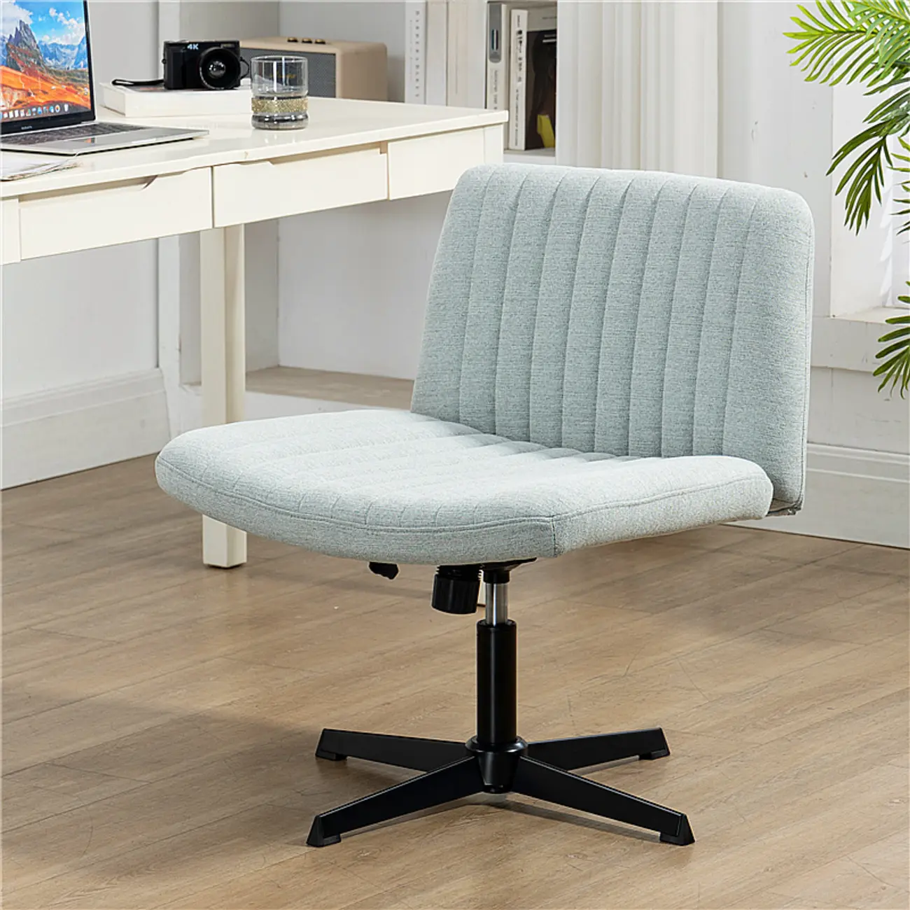Low-Back White Upholstered Adjustable Swivel Office Chair