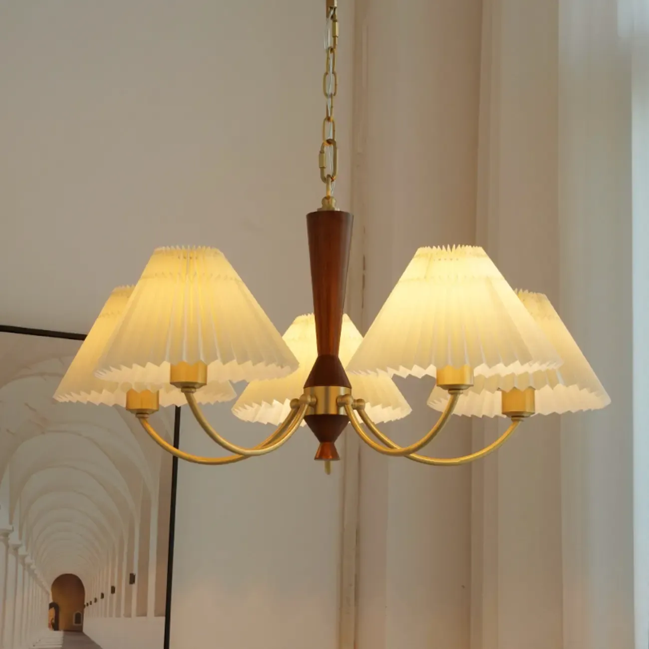 Vintage Wooden Chandelier with Beige Pleated LampShade
