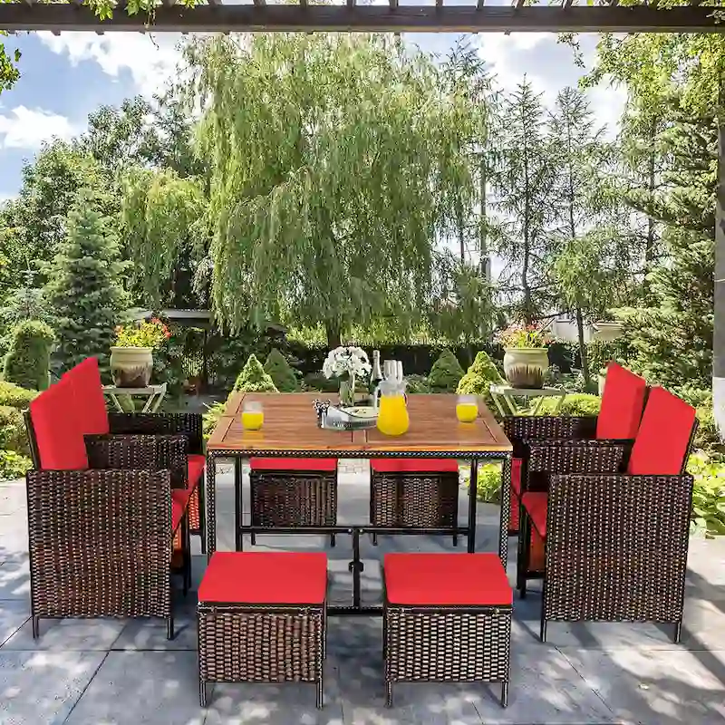 Costway 9PCS Patio Rattan Dining Set Cushioned Chairs Ottoman Wood - See Details