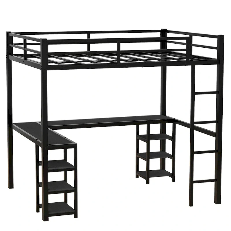 Full Metal Loft Bed with Desk & Storage Shelf | Space-Saving Bedroom Furniture