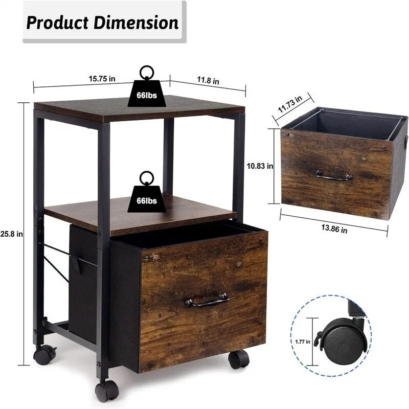 2 Tier Metal Mobile Under Desk Home Printer Stand - 11.81 D x 15.75 W x 25.6 H