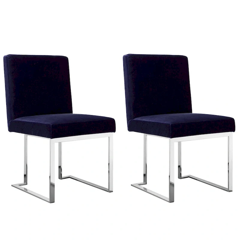 Boly 19 Inch Dining Chair, Set of 2, Navy Blue Velvet, Foam, Chrome Steel