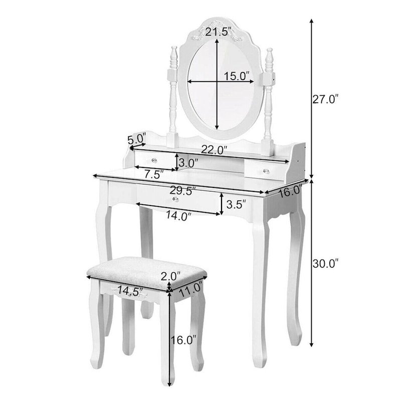 Costway White Vanity Wood Makeup Dressing Table Stool 3 Drawer