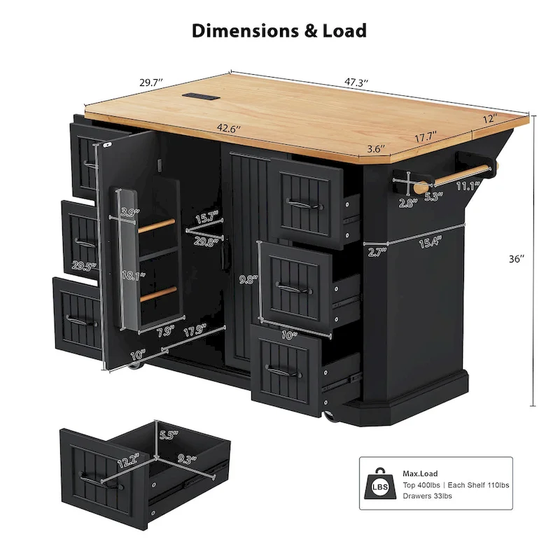 56  Kitchen Island With Drop Leaf, Rolling Kitchen Cart On Wheels, Rolling Kitchen Table with Drawers