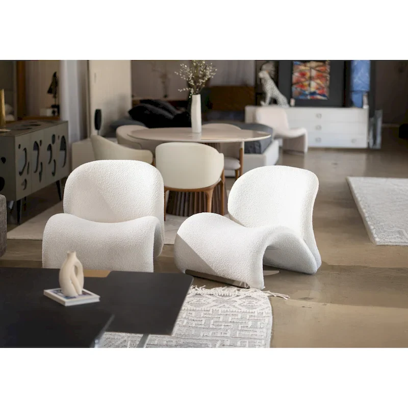 White Fabric Accent Chair, Curved Back, Single Seat