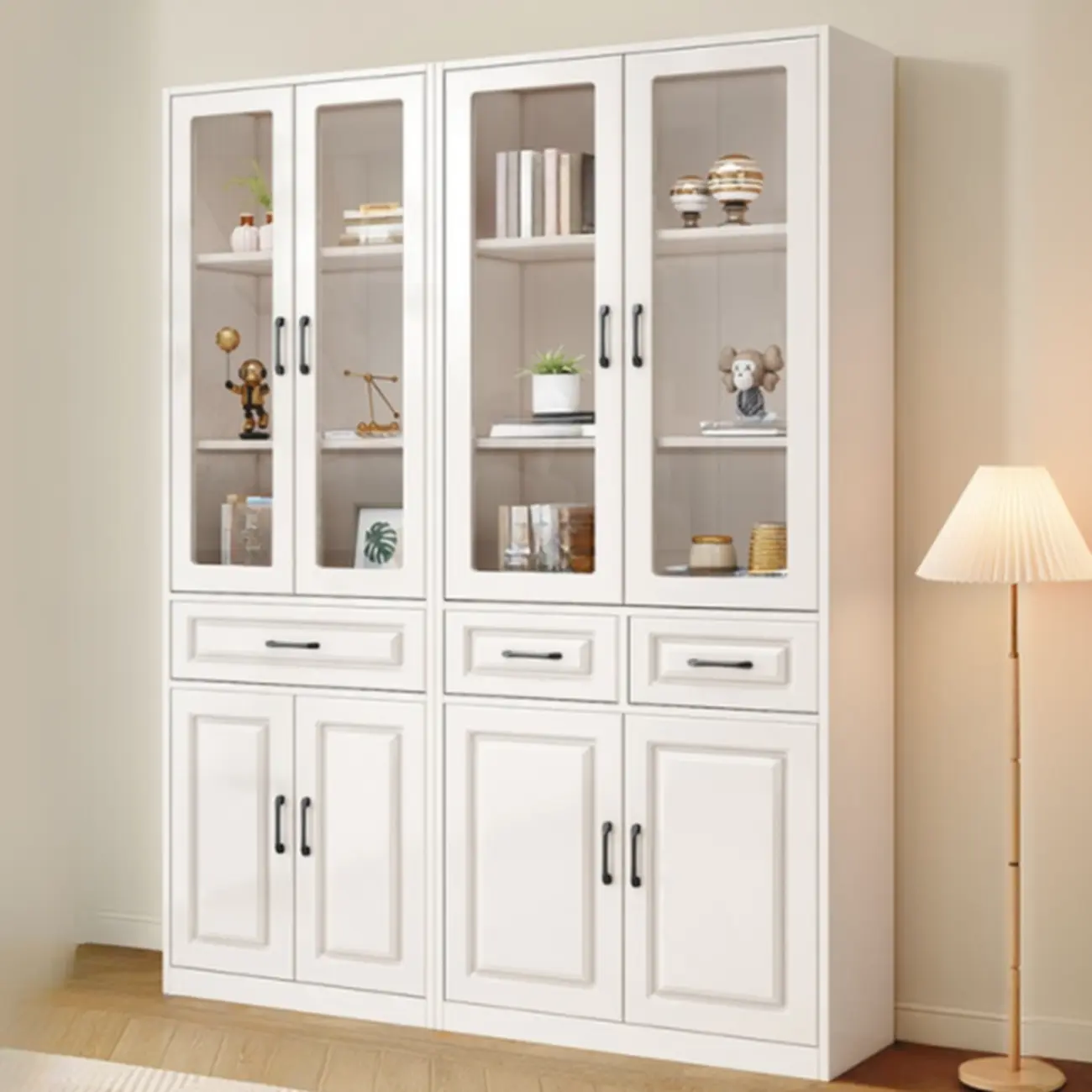 Rectangular White Wood Vertical Display Bookcase with Drawers