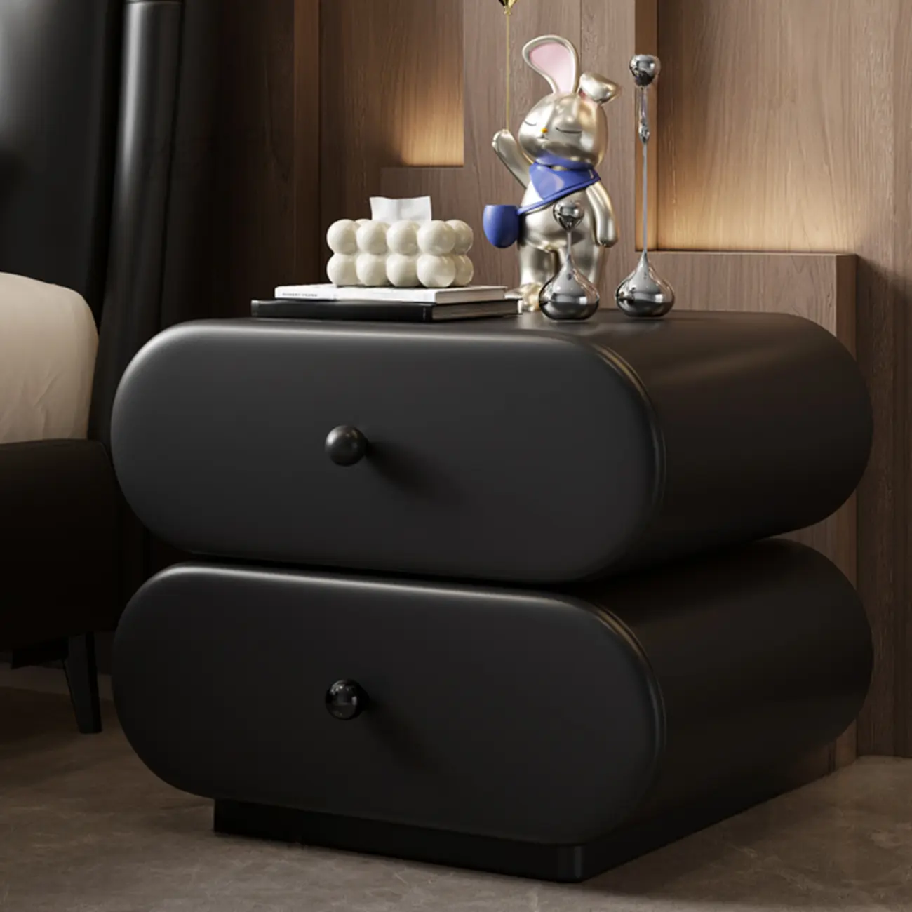 Modern Leather Wood Dual-Tone Drawers Nightstand