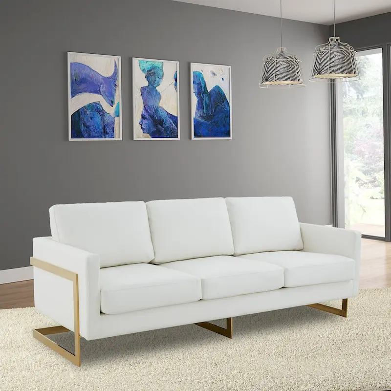 LeisureMod Lincoln Modern Upholstered Leather Sofa with Gold Frame - 83