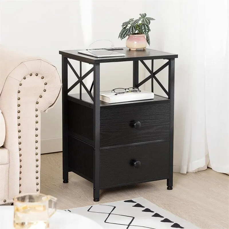 Nightstand with Charging Station and Fabric Drawers