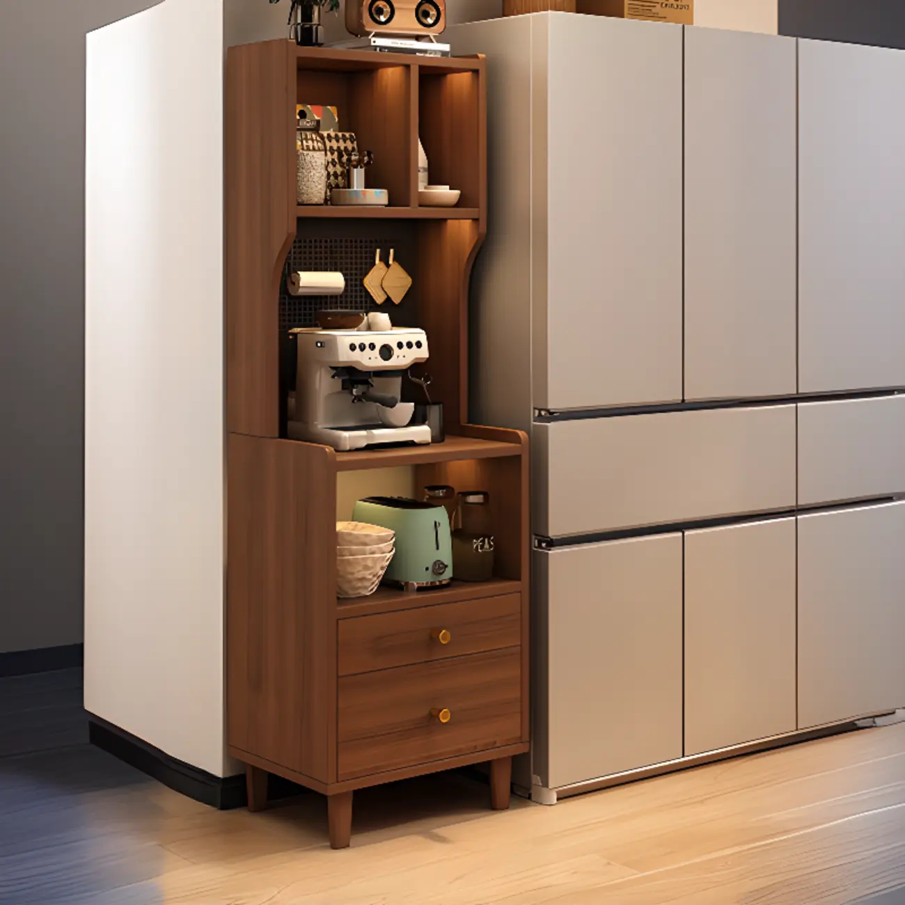 Modern Narrow Wood Kitchen Sideboard Open Storage