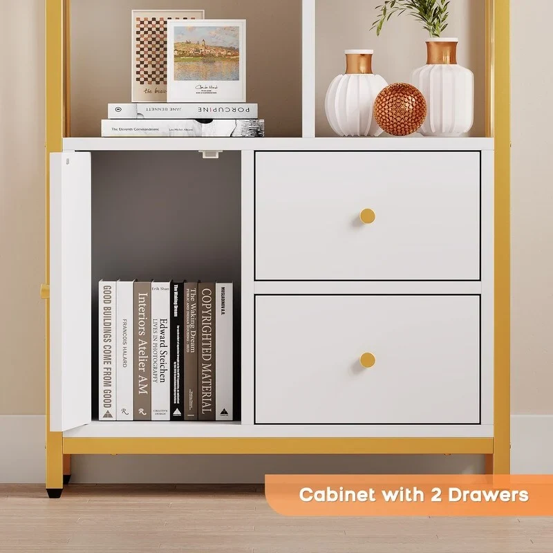 White and Gold 8-Shelf Bookcase with Cabinet and Drawers