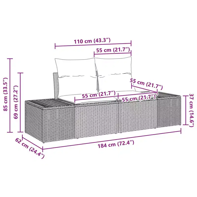 vidaXL Garden Sofa with Cushion 184 x 62 x 69 cm Poly Rattan