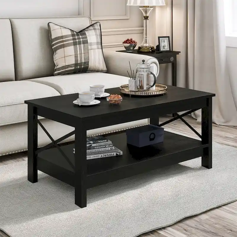 X-Frame Farmhouse Coffee Table – Black / Grey / Brown / White / Dark Oak, 2-Tier, Seats 2–4